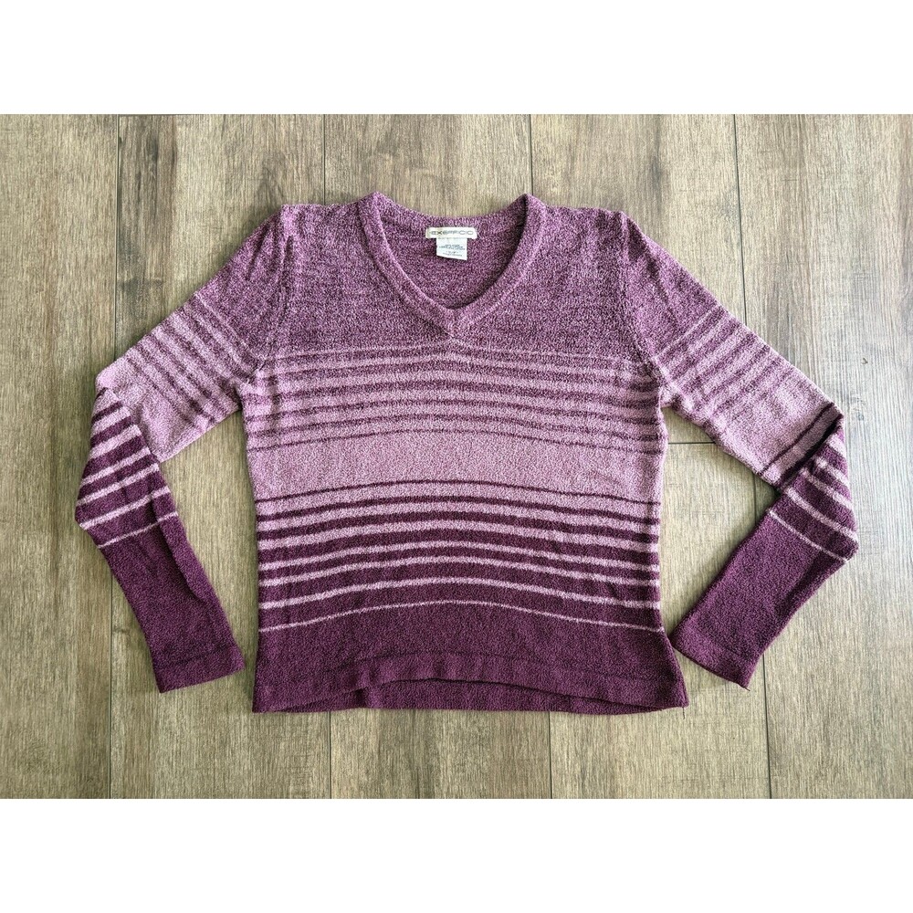 ExOfficio Womens Small Purple Striped V-Neck Travel Knit Pullover Sweater
